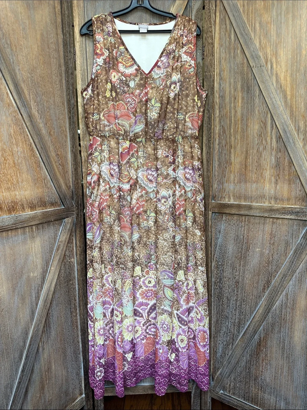 Chico's Brown Floral V-Neck Maxi Dress with Purple Border - Picture 1 of 9